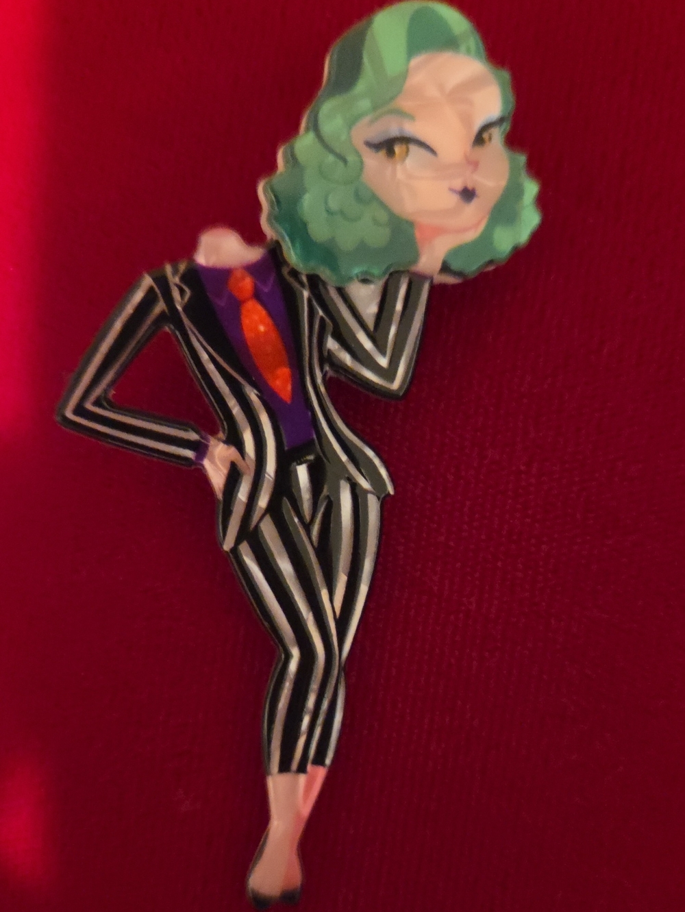 Mrs Beetle Juice Acrylic Brooch - Stylish Striped Suit